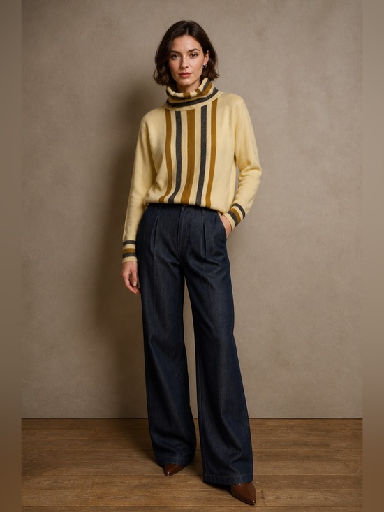 Jaeger Sweaters - Vintage Jaeger - 100% Lambswool Cream Striped Turtleneck Sweater